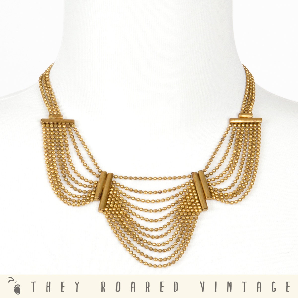 40s Gold Bib Necklace Chain Etruscan Revival Hippie Boho