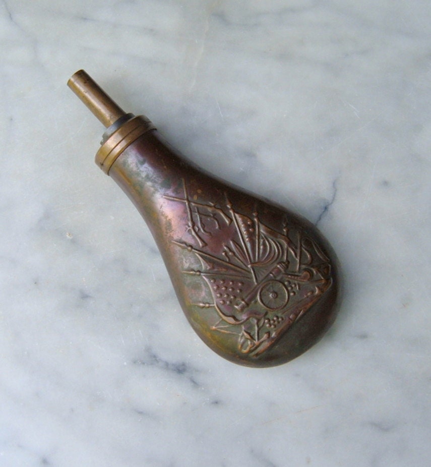 Vintage Gun Powder Flask Military Reproduction Copper Flask