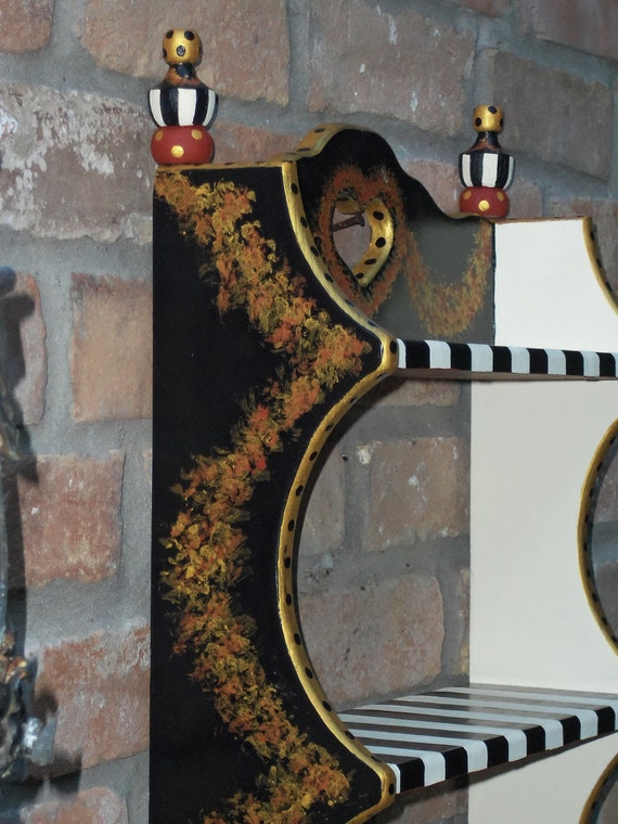 Whimsical Shelf Hand Painted Pine Black and Off White Stripes