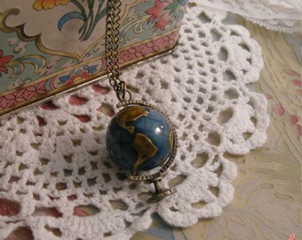 1 - World Globe Necklace, Antique Bronze with Blue and Brown Enamel, Really SPINS, Vintage Necklace Pendant (BB058)