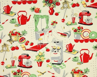 Michael Miller - Fifties Kitchen- Retro 50's Kitchen Appliances on Cream- Novelty Fabric-Choose Your Cut 1/2 or Full Yard