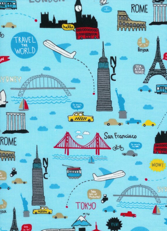 Timeless Treasures Fabric Travel the World Blue Novelty