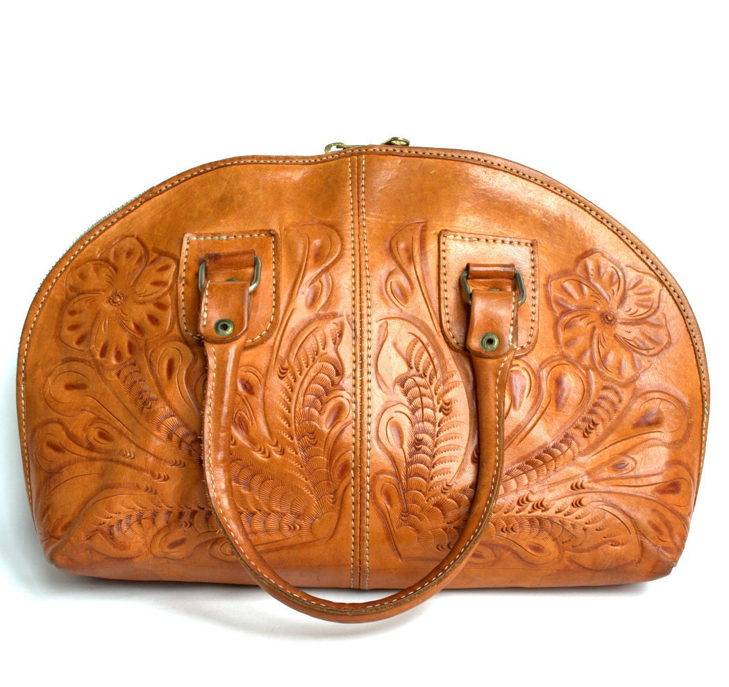 Vintage 70s Mexican Brown Tooled Leather Handbag