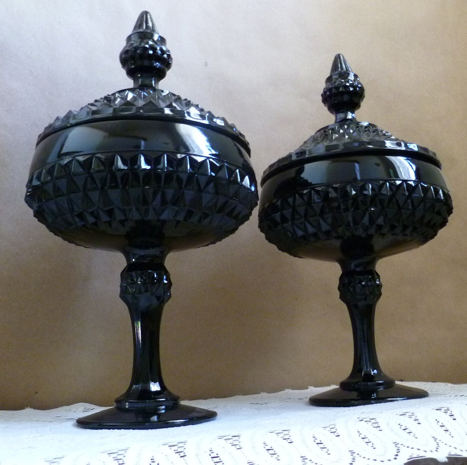Vintage Black Milk Glass Hobnail Urns with Lid / Pair of Glass