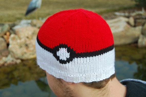Pokemon PokeBall Knit Beanie. Red Black & White Knitted Hat.