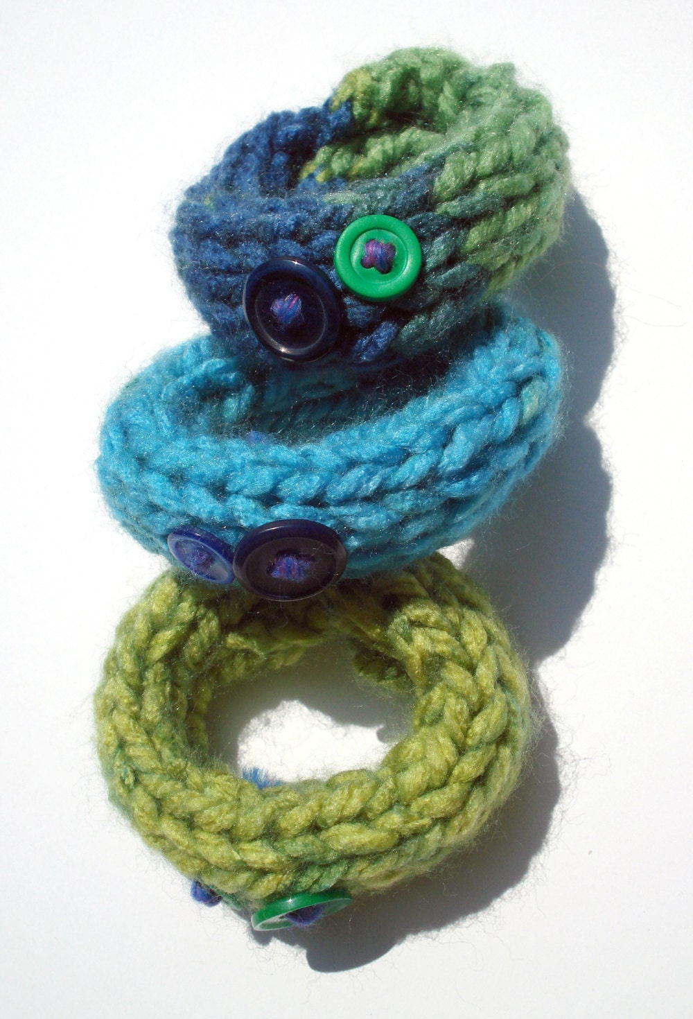 Cute Knit Green and Blue Bracelet with buttons by CreativeOrDeath