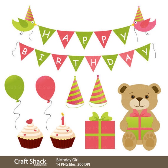 Items similar to Birthday Girl Clipart Pink and green (14 PNG files) on