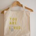 You are Loved - large cotton grocery tote yellow blue heart