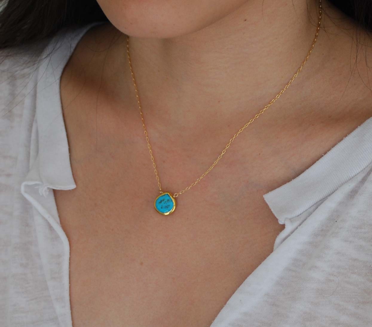 Small Turquoise Stone Bezel Set Gold Necklace by JENNYandJUDE
