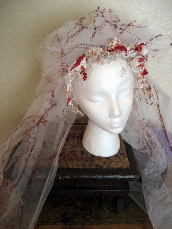 Blood Splattered Wedding Veil. Vintage Upcycled. Zombie