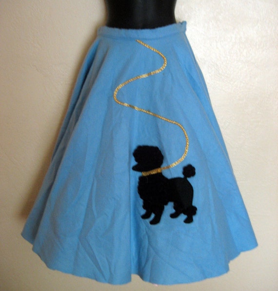Vintage Adult Poodle Skirt. Blue Felt with Black Pom Pom