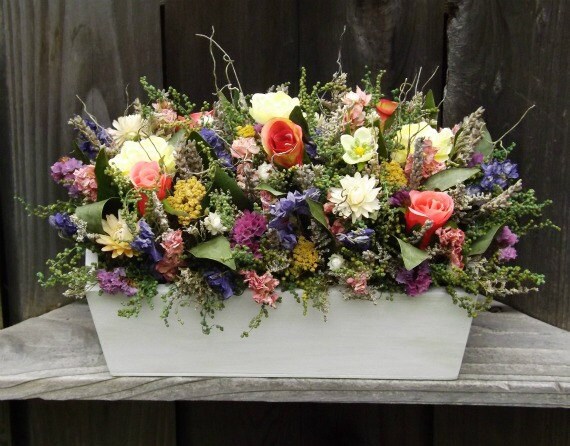 Dried Flower Arrangement in a Wood Planter Box