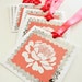 HANDMADE GIFT TAGS Set of 6, Peony Peonies Flower, Coral Silver White, Embossed Stamp, Coral Ribbon, White Glitter Flower