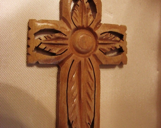 Elaborate Antique Hand Carved Folk Art Wood Cross Pendant / Vintage Jewelry / Jewellery