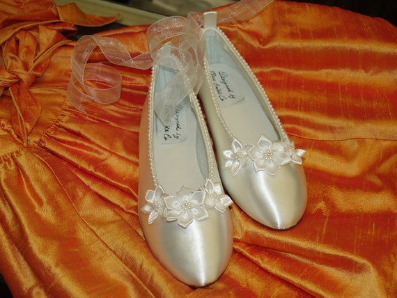 Wedding Ballerina Shoes White Satin hand sewn pearls edging and satin flowers