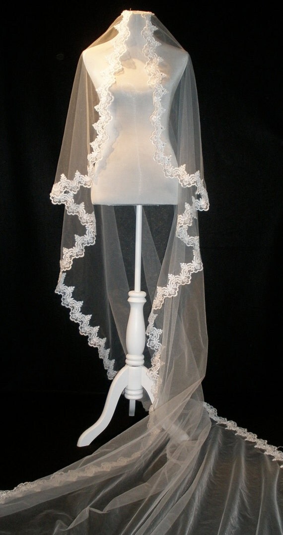 Ivory Cathedral Length Mantilla Wedding Veil with Real