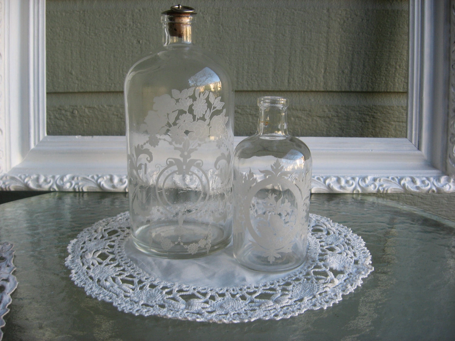 Download Vintage Acid Etched Glass Bottles Unmatched Set Circa
