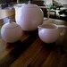 RARE 1980's Massimo Vignelli-for-Sasaki Colorstone Tea Serving Set in "Matte Pink"--Lidded Teapot & Sugar Bowl, Plus Creamer--Mint Condition