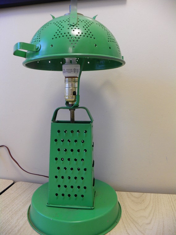 Items similar to Vintage Upcycled Lamp, Green with Colander Lampshade