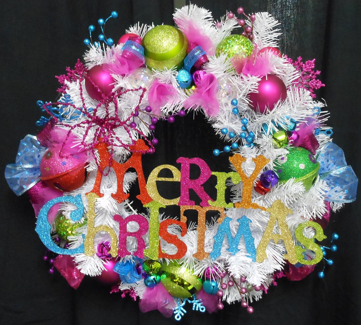 REDUCED - Christmas Wreath Brightly Colored Glitter Merry Christmas Sign Bells Snowflakes