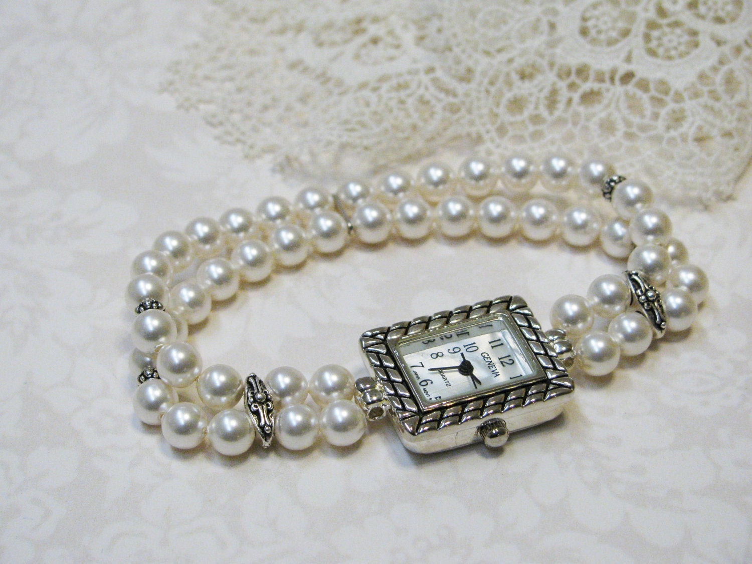 Swarovski White Pearls Double Strand Stretch Beaded Watch