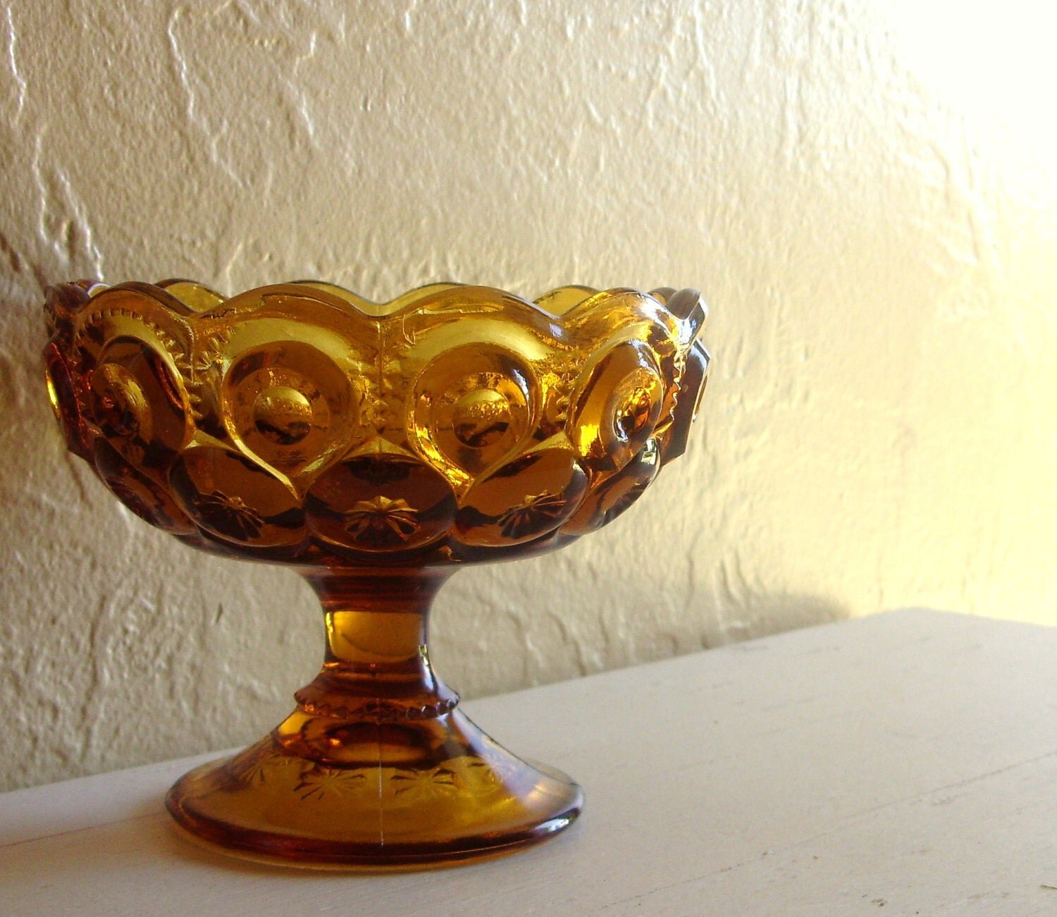 Vintage Amber Glass Pedestal Bowl with Scalloped Edges