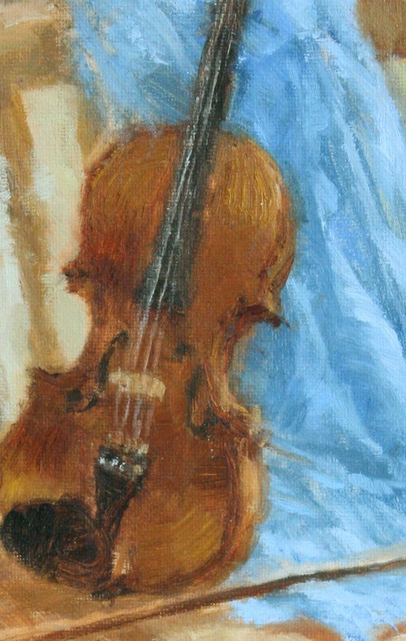 Original Oil Painting still life violin music blue flowers