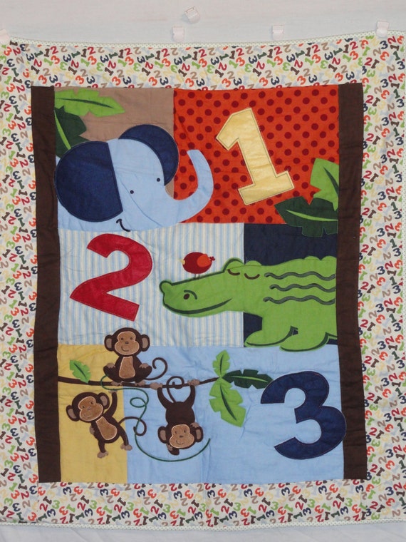 1 2 3 Counting Jungle Animals Baby Quilt in Bold colors Blue