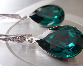 Angelina Jolie Emerald Earrings Emerald Green Earrings Crystal Swarovski Large Green Earrings Wedding Bridesmaid Swarovski