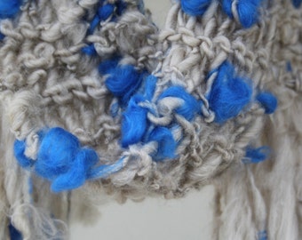 Hand Knit Scarf, named Blues Brothers, in all Natural Light Gray and Blue of Super Soft Handspun Wool Yarn