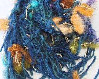 Hand Knit Scarf, in Twilight Blue with turquoise, purple, green and gold Curls, of Handspun Wool Yarn