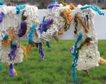 Hand Knit Scarf, in Ivory with Purple, Turquoise and Gold Long Curls, of Handspun Hand Dyed Wool Yarn