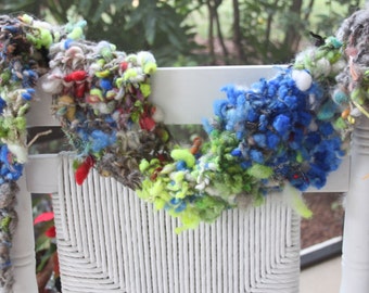 SALE Super bulky Hand Knit Scarf, in natural gray, blue, green, red, with raw curls, Soft Handspun Wool Yarn