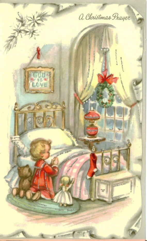 Vintage Christmas Card UNUSED Bedtime Prayers Silver