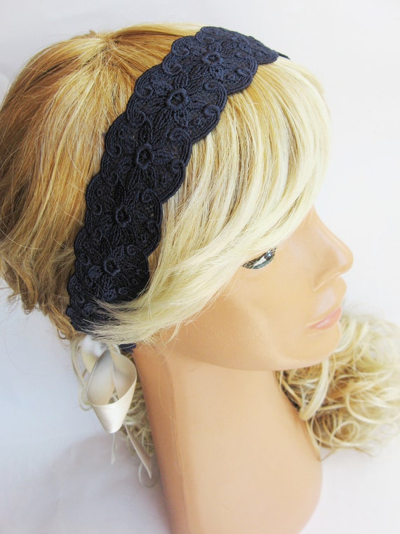 Navy Blue ivory Lace Headband vintage style romantic
