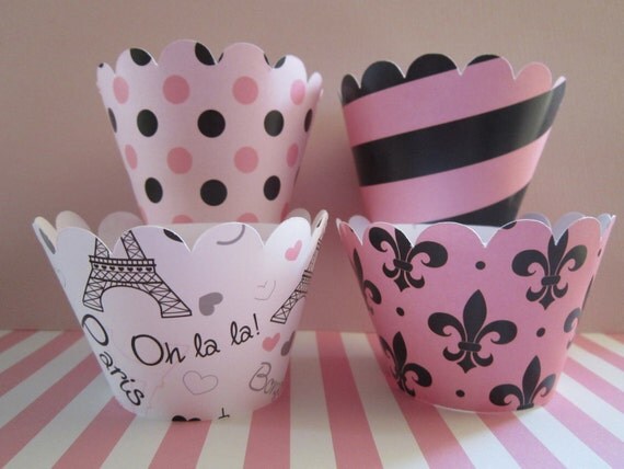 12 Hot Pink & Black Paris Cupcake Wrappers Il_570xn