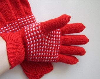 Hand Knitted Gloves - Red and White