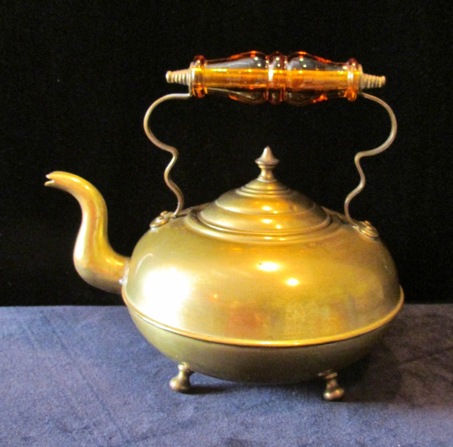 Antique brass teapot amber glass handle