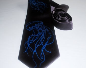 Electric Jellyfish silk screen tie. Microfiber screen printed necktie.