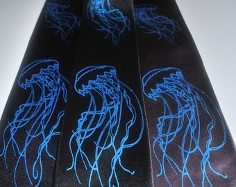 Electric Jellyfish silk screen tie. Microfiber screen printed necktie.