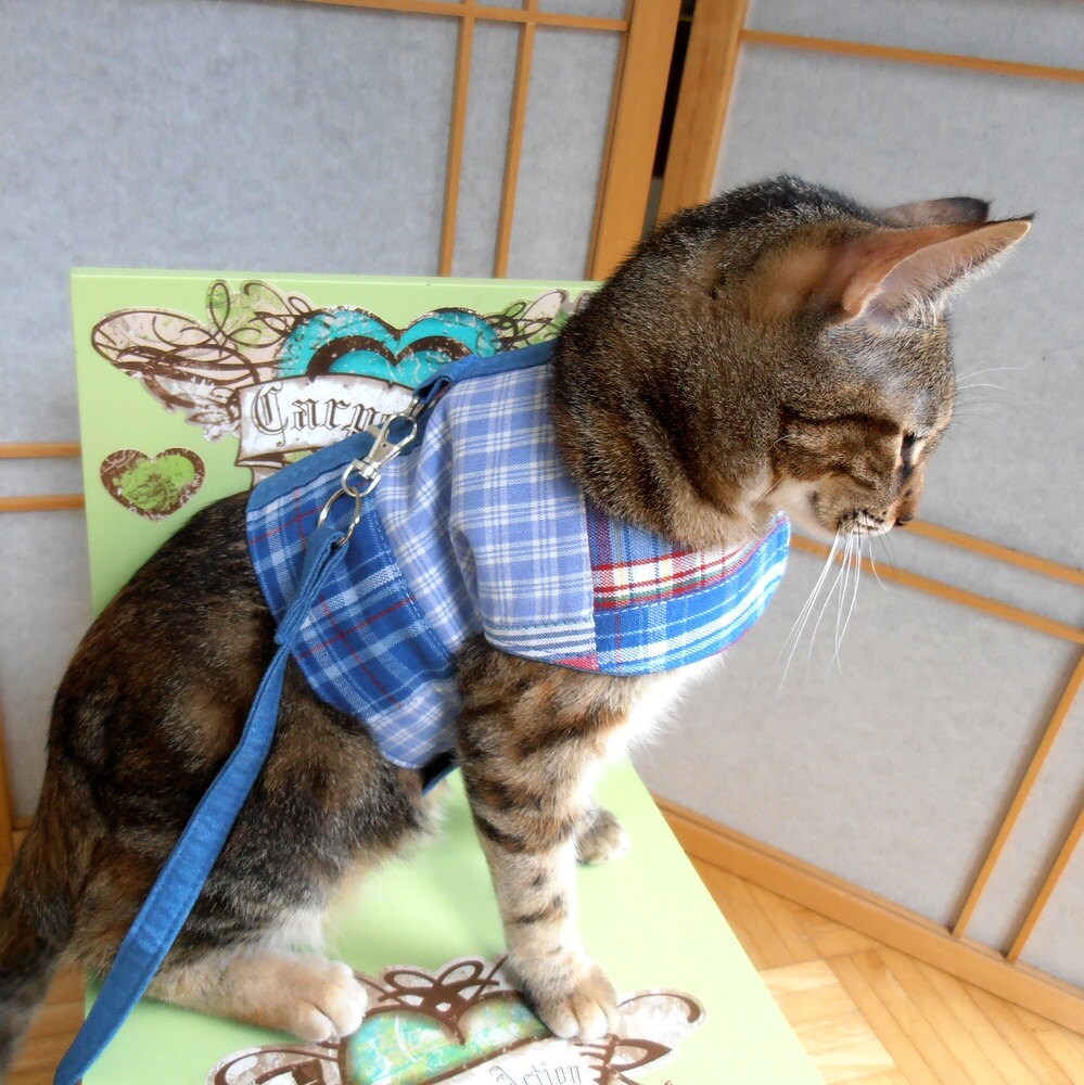 Denim Plaid Cat Harness Pet Vest and Leash Teacup Dog