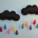 MOBILE two clouds with multicolor raindrops. A perfect handmade addtion for a nursery or kids room.