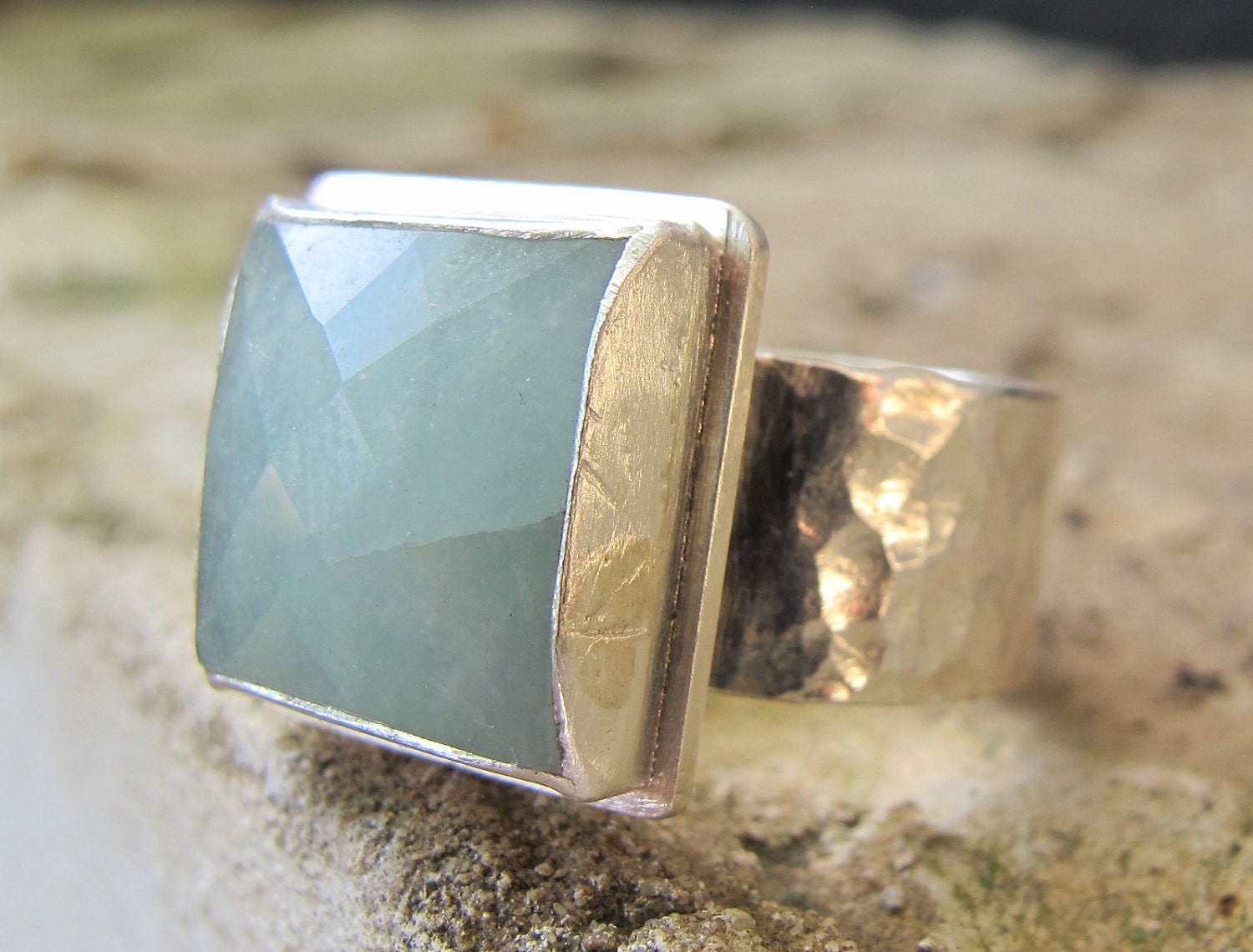 Aquamarine Ring/ Sterling Silver Ring with Square by caspiajewelry