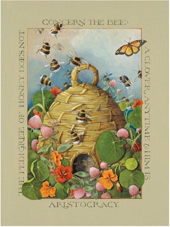 bee hive butterfly lithograph acrylic painting
