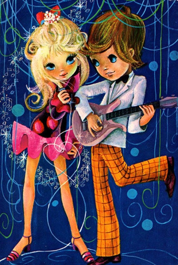 Postcard vintage sixties. Mod boy and girl singing and playing