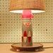Retro Vintage Thermos Table Lamp, Red, Grey, Off-White Diamond Pattern - Small Burlap Drum Shade
