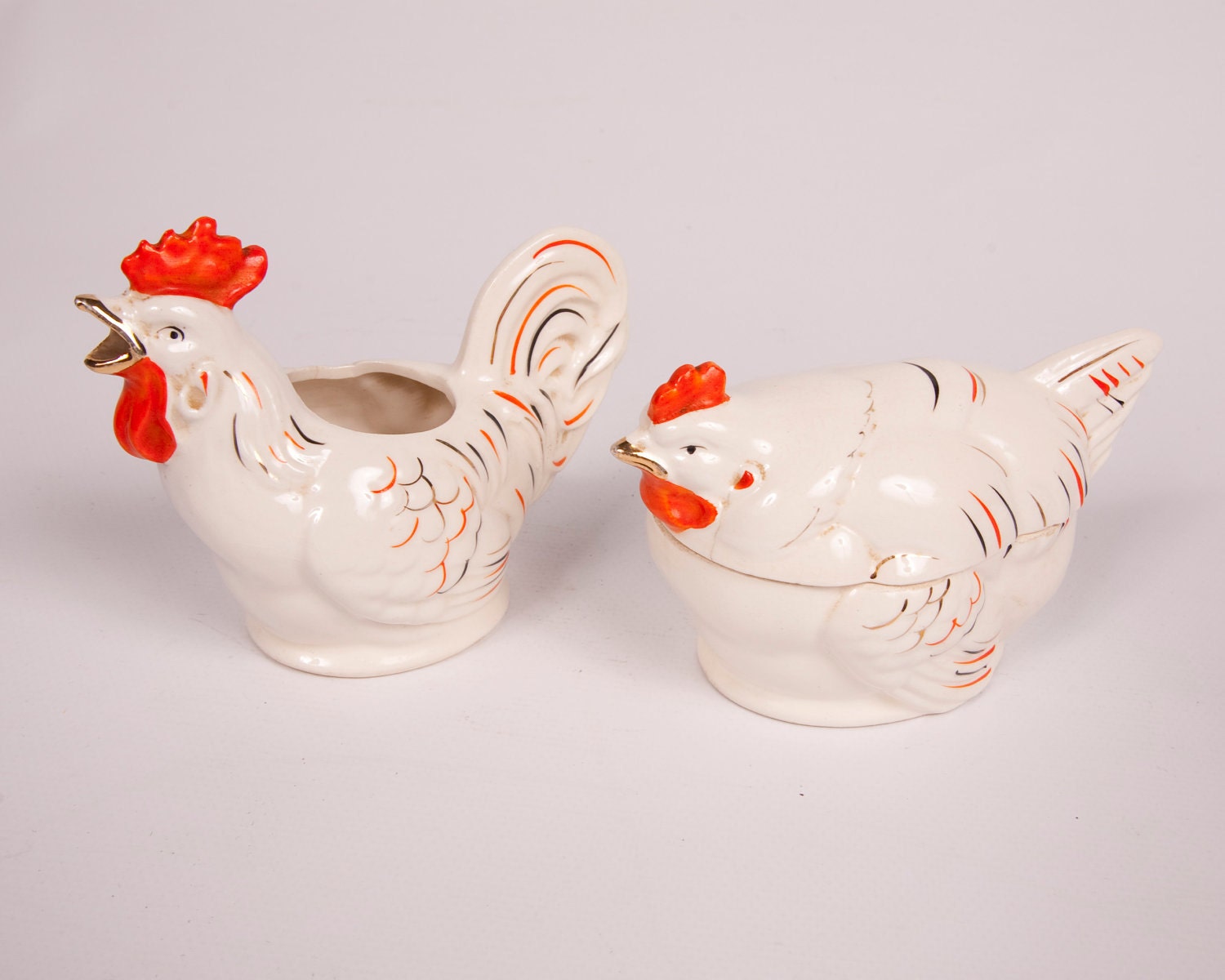 Rooster Sugar Creamer Vintage Set Japan Chicken Orange Red