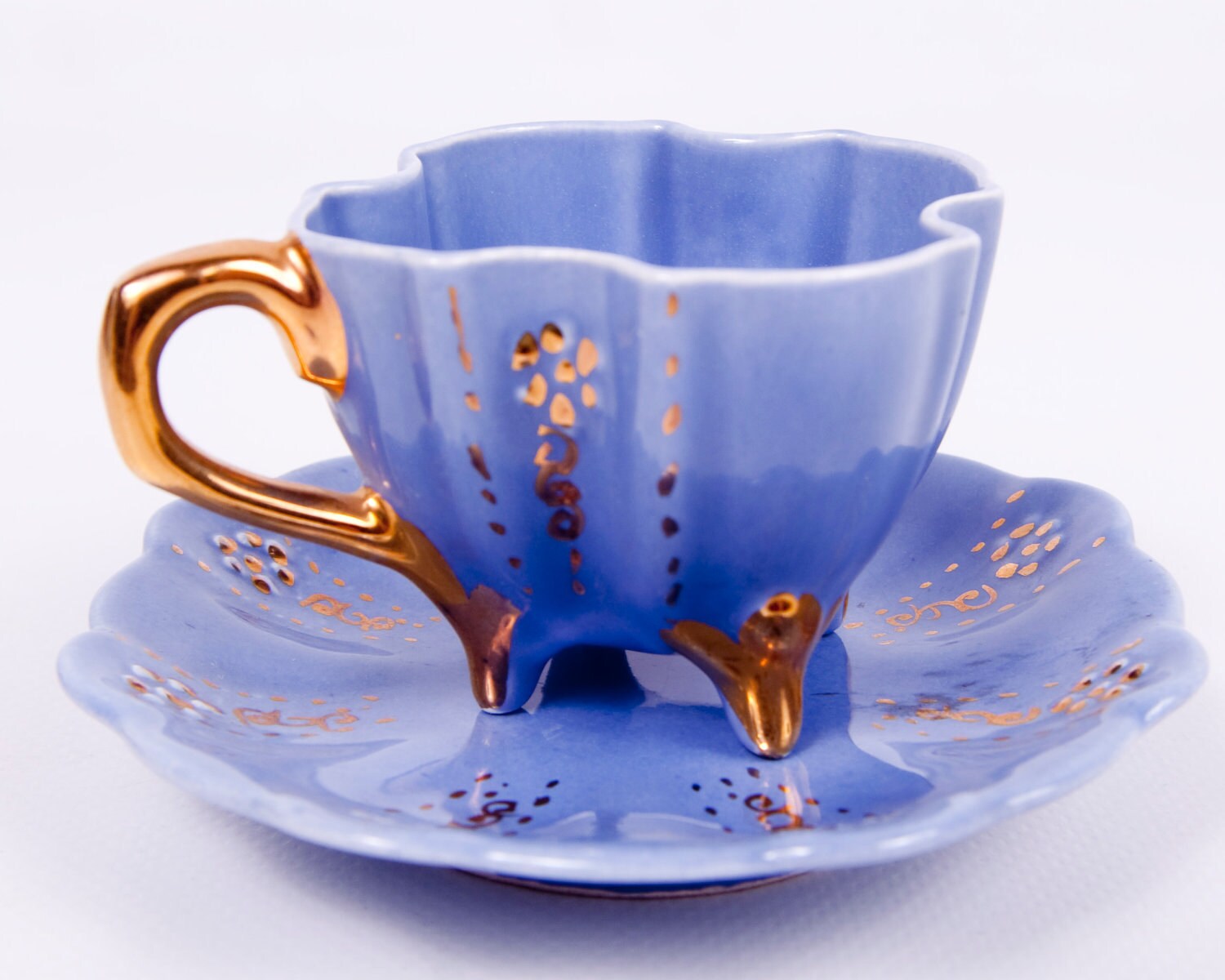Wedgwood Blue Teacup Footed Demitasse Cup and Saucer Gold Trim