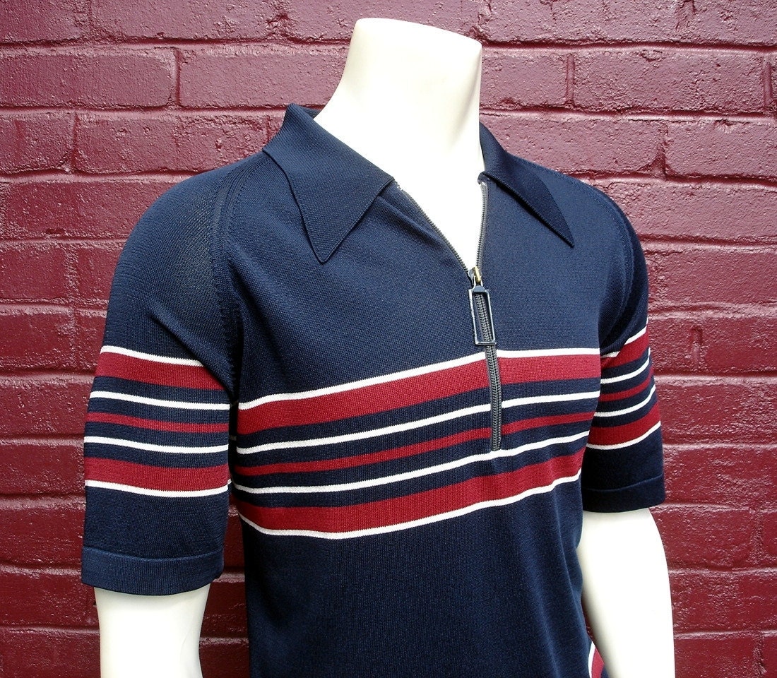 1960s Mens Knit Shirt Vintage SEARS Short Sleeve Pullover Navy