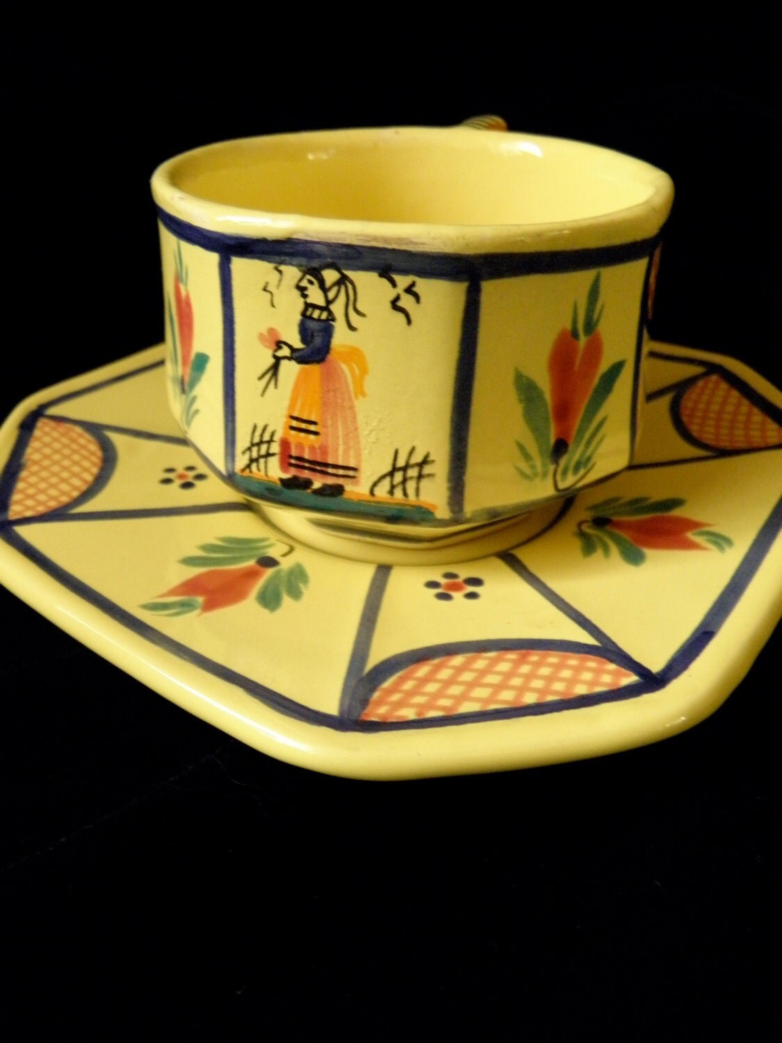 French Quimper Yellow Cup & Saucer Vintage Tea